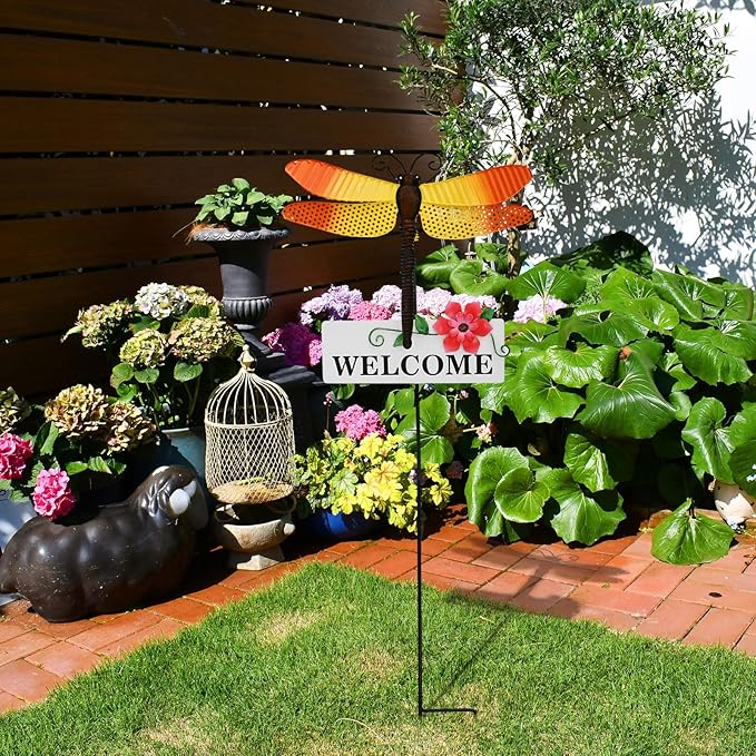 Veclotch Metal Butterfly Garden Stake,Rustic Butterfly Decorative Yard Stakes Metal Yard Art Ornaments Welcome Sign Outdoor Spring Garden Decor Patio Lawn Porch Pathway Decor (Dragonfly)