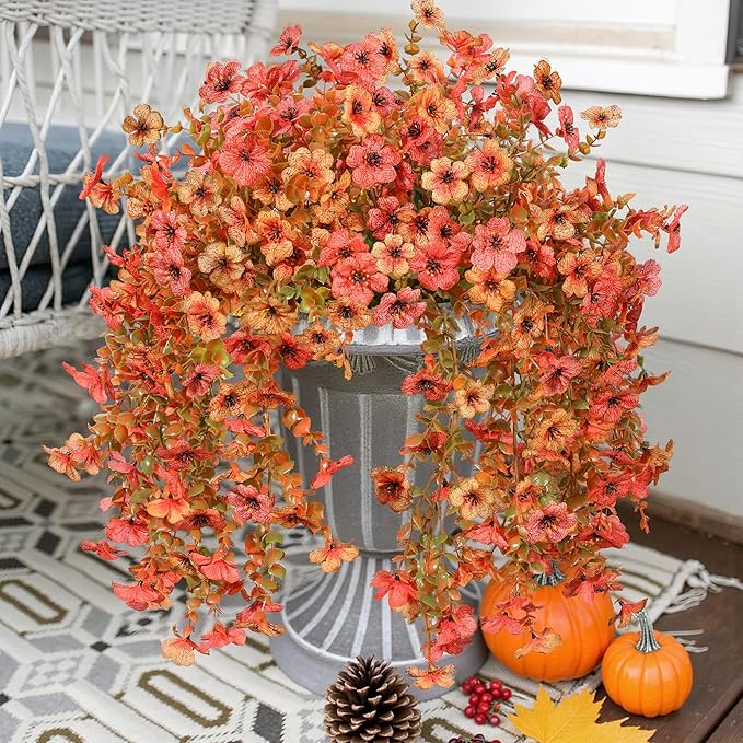 INSPRING Artificial Mums for Outdoors Decoration Fall Fake Flowers for Outside Decor, 2Pcs Silk Daisy with Eucalyptus UV Resistant Realistic Vines for Front Door Yard Patio Porch Planter Home