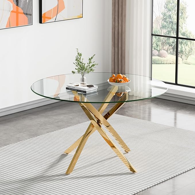 47.24" Round Glass Dining Room Table for 6 with Tempered Glass Top and Gold Chrome Metal Legs, Modern Clear Kitchen and Dinner Table for Home Office Dining Room