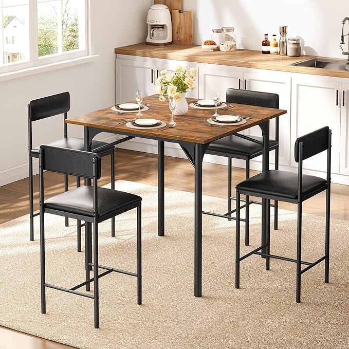 DWVO 5-Piece Dining Room Table Set Bar Table and Chairs Set Counter Height Dining Table Set Industrial High Top Kitchen Table with 4 Barstools for Kitchen Living Room Restaurant Bar Small Spaces Brown