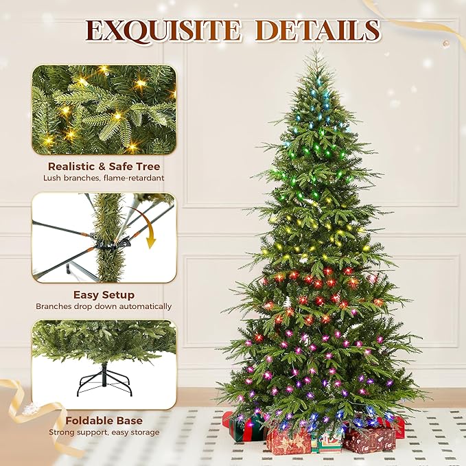 HOLLO STAR 6 ft Prelit Pencil Christmas Tree with 300 LED Lights, App Control, Aspen Artificial Christmas Tree, Multi-Color RGBW Lights, 969 PE & PVC Branch Tips, Skinny Xmas Tree, for Home, Party