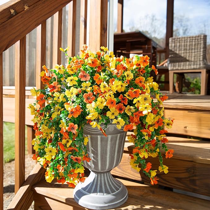 INSPRING Artificial Flowers for Outdoors Fake Mums Hanging Plants Decor, 2Pcs Silk Daisy with Eucalyptus UV Resistant Look Real Trailing Vines for Planter Front Door Patio Yard, OrangeYellow