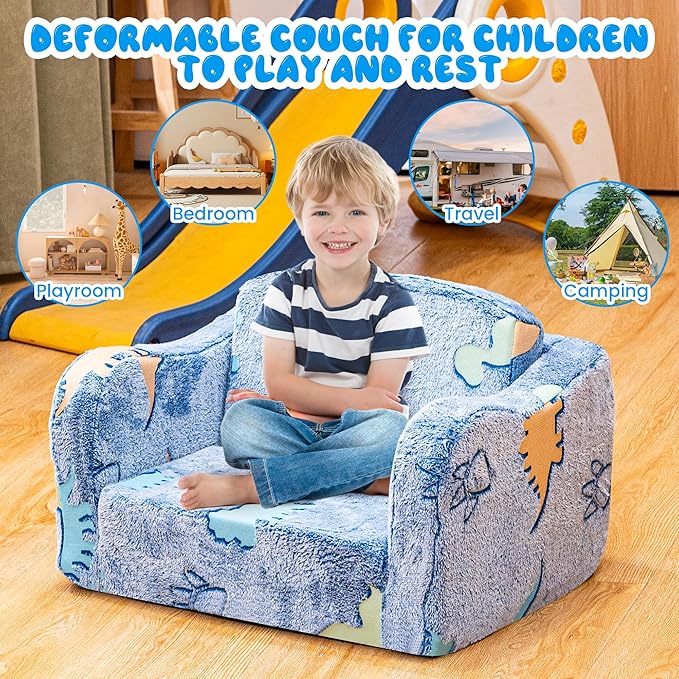 Lamerge 2-in-1 Toddler Couch,Glow in The Dark Baby Floor Bed,Foldable Toddler Chair Kids Sofa for playroom,Convertible Sofa to Lounger for Girls and Boys (Blue and Dinosaur)
