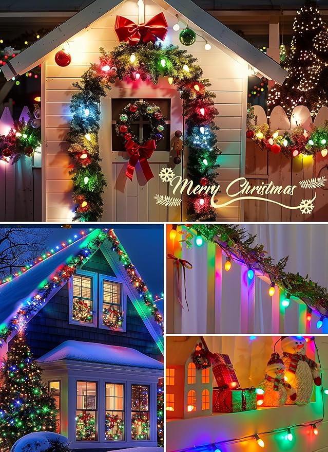 Brightown Vintage C9 LED Christmas Lights Outdoor, 200 Feet String with 100 Shatterproof Bulbs, Waterproof Connectable Tree Lights for Outside Roofline Patio Xmas Decorations, Multicolor