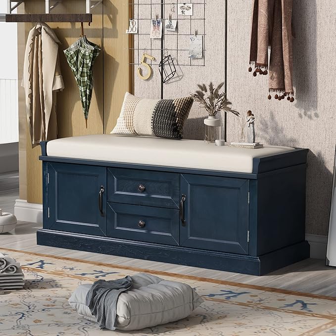 Entryway Storage Bench with Drawers & Cabinets — Cushioned Shoe Storage Bench for Hallway, Mudroom, or Living Room, Solid Wood Frame (Antique Navy)
