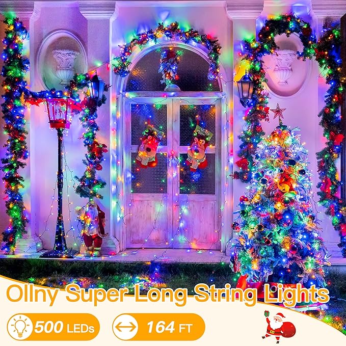 Ollny Christmas Lights, 500LED 164FT Long Christmas Tree Lights with 8 Modes Remote Timer IP44 Waterproof, Outdoor Christmas Lights for Tree House Yard Outside Xmas Decorations Multicolor