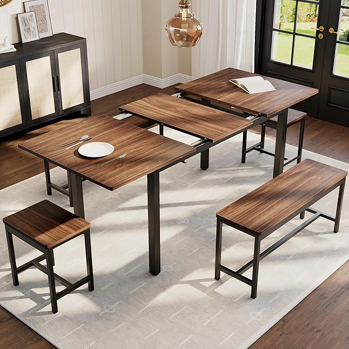 IDEALHOUSE 5-Piece Extendable Dining Table Set for 4-8 People, 63 Inch Kitchen Table with 2 Benches & 2 Stools, Space Saving Modern Dining Room Furniture, Easy Assembly, Brown