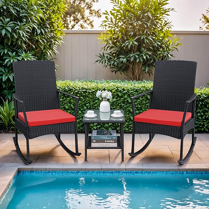 Greesum 3 Pieces Patio Furniture Set Outdoor Wicker Rocking Chairs with Glass Coffee Table for Garden Backyard Porch Poolside, Red