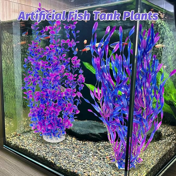 Hamiledyi Tall Aquarium Plants 23 Inches - Fish Tank Decorations, Artificial Green Water Plants Grass Cluster, Soft Plastic Fake Decor 2PCS（Purple Style C）