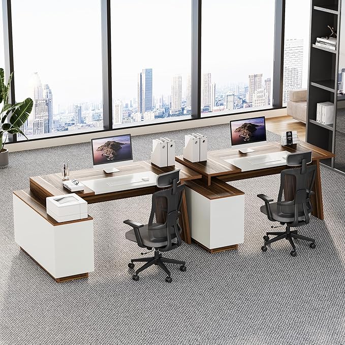 LITTLE TREE 70.5-Inch Executive Desk, Large Home Office Desk with Storage Cabinet and Open Shelves, L-Shaped Computer Corner Desk, Workstation for Office Home, Walnut and Black