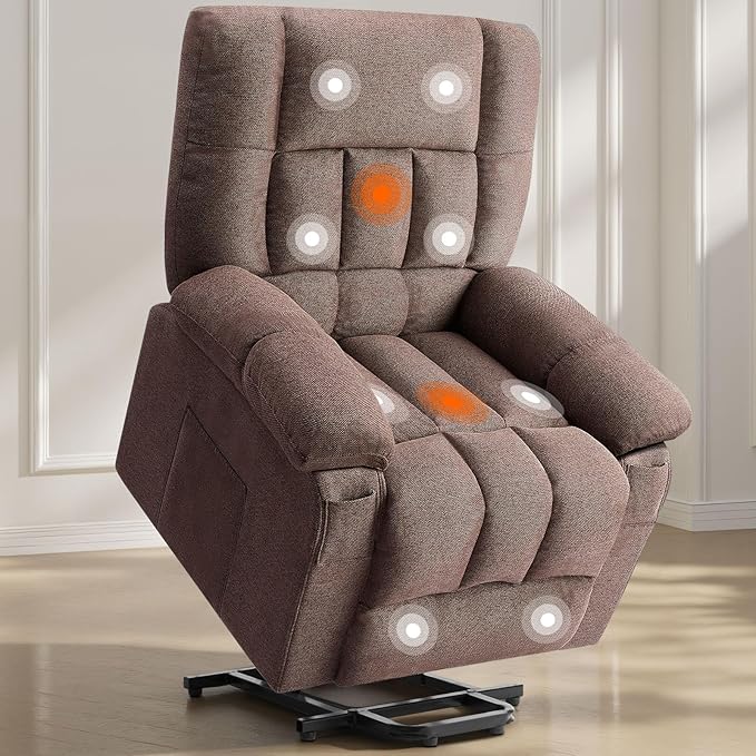 Sweetcrispy Power Lift Recliner Chair with Vibration Massage and Heat for Adults, Ergonomic Overstuffed Breathable Fabric Reclining Chair with Side Pockets, Remote Control, Living Room, Bedroom, Brown