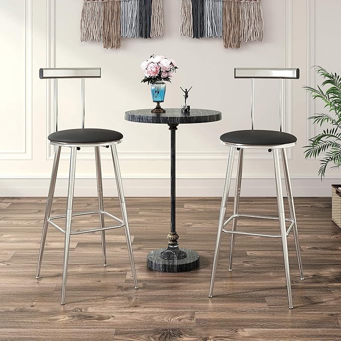 Bar Stools, Set of 2 High Kitchen Barstools, Bar Chairs with Backrest and Footrest, Industrial Counter Stools with PU Soft seat, for Kitchen, Living Room, Pub, Silvery BS-011SI