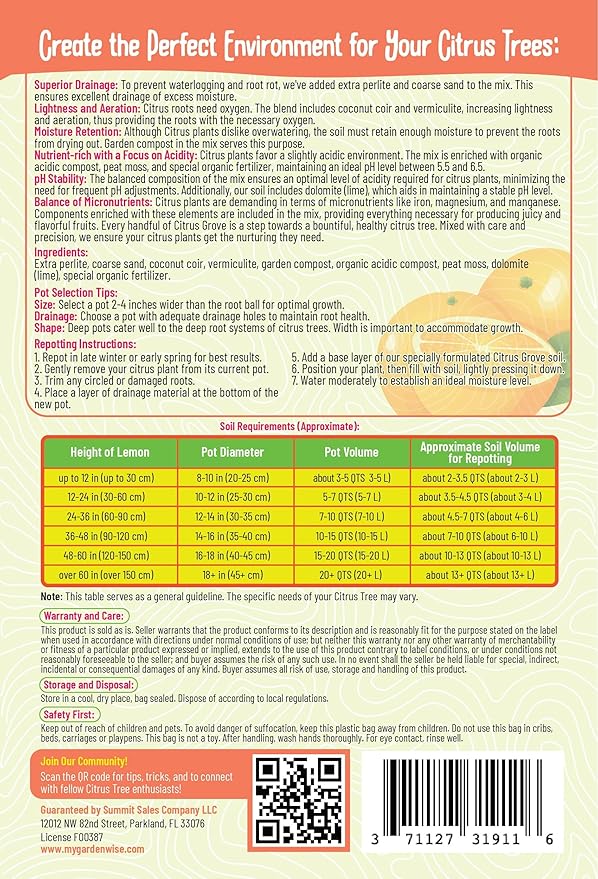 Premium Organic Citrus Potting Soil for Indoor/Outdoor Plants - Perfect for Oranges, Lemons, Limes & Grapefruits Trees - Hand Blended for Optimal Growth (4 QUARTS)