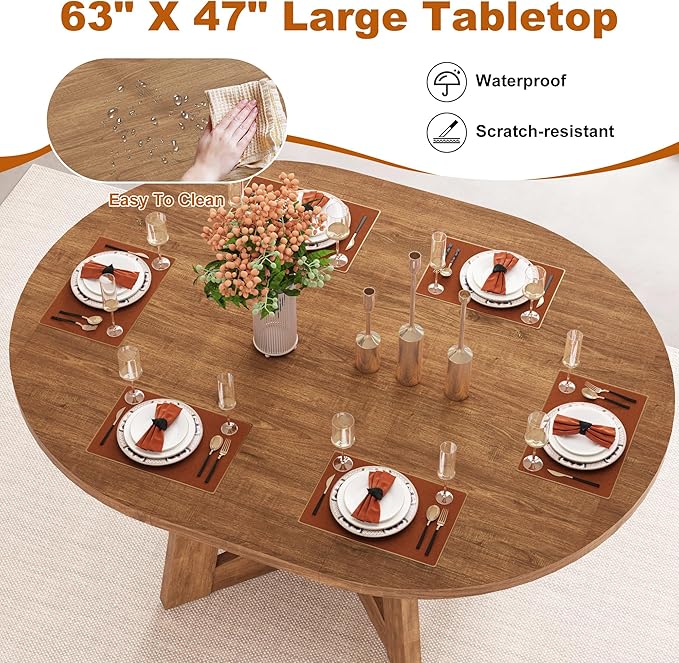 47"-63" Extendable Dining Table for 4 5 6 People,63" Farmhouse Round Extending Dining Table w/Removable Leaves Space Saving,Wooden Adjustable Tables for Kitchen Office Living Room (Brown)