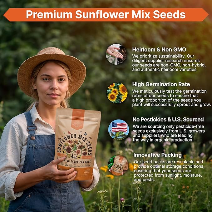 Sunflower Mix Seeds Pack 4 oz - Over 5,100 Non-GMO Heirloom Sunflower Seeds for Planting, Annual Flowers in Individual Seed Packet for Planting Home Garden Indoor & Outdoor Gardening