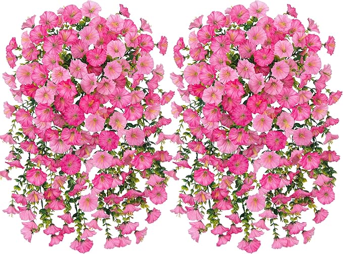 Ivydale 2 PCS Artificial Hanging Flowers Fake Plants Outdoor,Silk Morning Glory Faux Flowers with Eucalyptus Leaves,UV Resistant Realistic Hanging Plants for Home Garden Decor (Pink+Light Pink)
