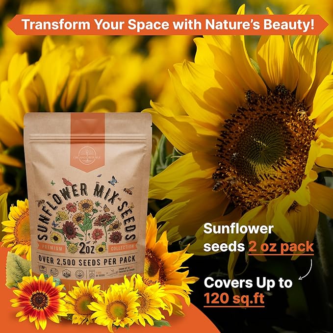 Sunflower Mix Seeds Pack 2 oz - Over 2,500 Non-GMO Heirloom Sunflower Seeds for Planting, Annual Flowers in Individual Seed Packet for Planting Home Garden Indoor & Outdoor Gardening