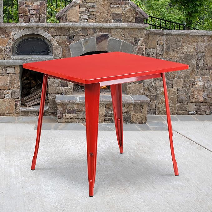 EMMA + OLIVER Commercial Grade 31.5" Square Red Metal Indoor-Outdoor Table