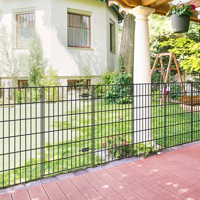 Metal Garden Fence with Gate 40in (H) x 23.3ft (L), 1 Gate + 9 Panels Dog Fence Border Fence Animal Barrier, No Dig Garden Fencing for Yard Flower Bed Lawn Patio Outdoor, PIN402810G Black