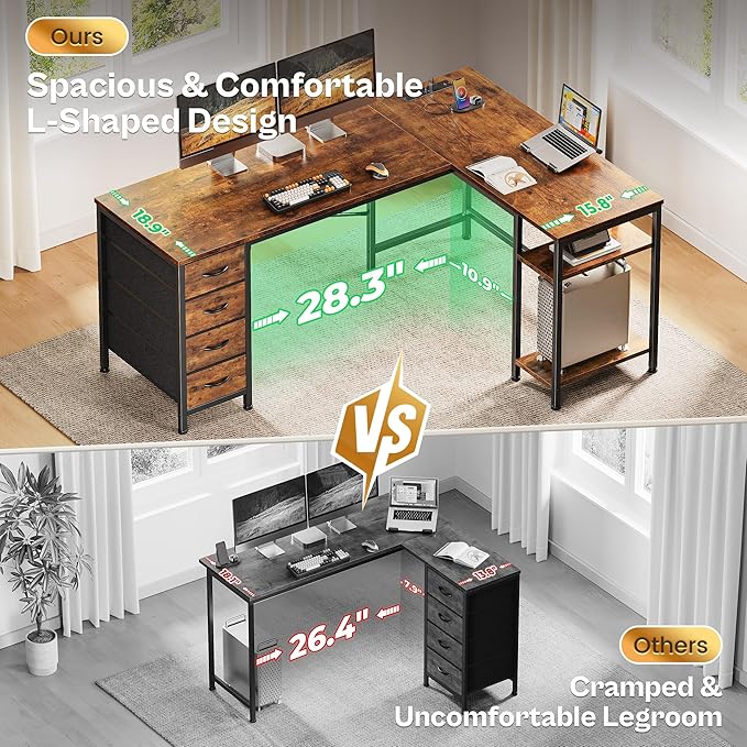 Huuger 55 Inch L Shaped Desk with Fabric Drawers, Reversible Computer Gaming Desk with Power Outlets and USB-C Port, Adjustable Side Storage Shelves, for Work Study Corner Home Office, Rustic Brown