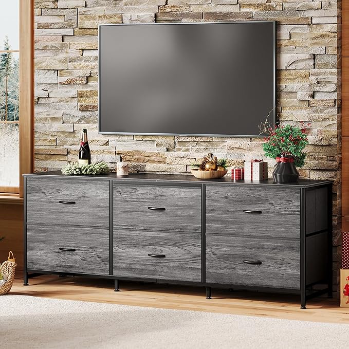 Huuger 63 Inch Long Dresser for Bedroom, Wide TV Stand for 55, 65, 70 Inch TV, 6 Drawer Dresser for Closet with Fabric Drawers, Storage Organizer for Bedroom, Entryway, Grey