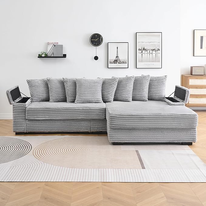 KEIKI 114" Corduroy Sofa with Cup Holders & Storage, L Shaped Sleeper Cloud Couch Set w/Reversible Chaise Lounge, Living Room Oversized Upholstered SofaBed for Apartment, Easy Assembly, Gray