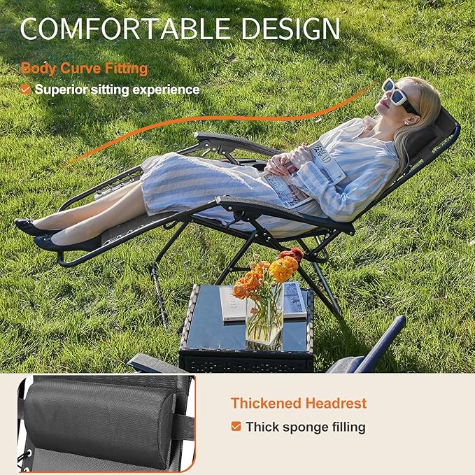 Sweetcrispy Zero Gravity Chairs, Set of 2 Portable Recliner Beach Camping Patio Outdoor Folding Lounge Chair with Cup Holder Trays and Adjustable Pillow for Poolside, Garden, Backyard, Lawn (Black)