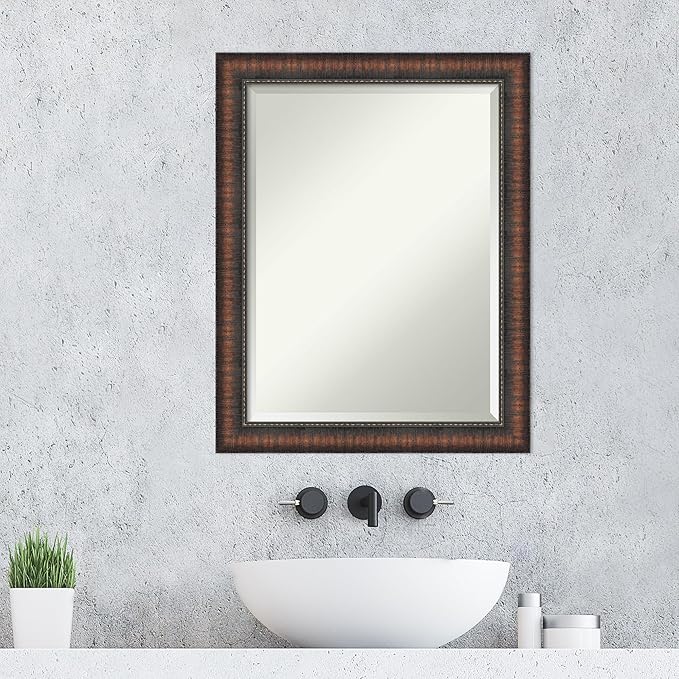 Amanti Art Brown Wall Mirror 28x22 Caleb Brown Rectangle Bathroom Mirror for Wall Decor Living Room, Medium Rustic Farmhouse Frame, Hangs Horizonally and Vertically, Bathroom Decor, Beveled Edge