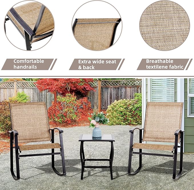Vongrasig 3 Piece Outdoor Rocking Bistro Set, Textilene Fabric Small Patio Furniture Set, Front Porch Rocker Chairs Conversation Set with Glass Table for Lawn, Garden, Balcony, Poolside (Brown)