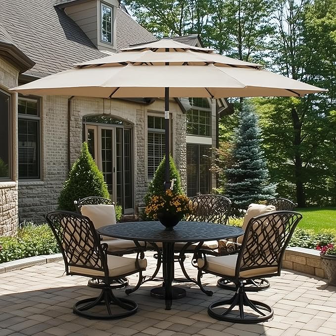 Yaheetech 3-Tier Patio Umbrella 10ft Vented Outdoor Canopy Sun Shade Large Market Table Umbrella Double-layer Cloth & Push-button Tilting for Yard/Garden/Park Tan