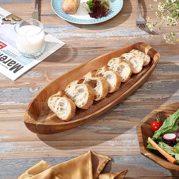 Lucky Boat Serving Tray, Acacia Solid Wood Boat Shape Plate for Serving Desserts, Fruit, Snack and Seafood or House Ornament,Key Tray,Functional and Storage Decorative Bowl。 (L)