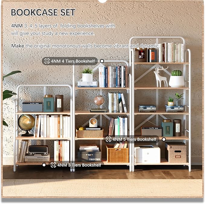 4NM No Assembly Folding Bookshelf 5 Tiers Vintage Industrial White Book Shelf Metal Foldable Storage Bookcase and Bookshelves for Living Room,Bedroom and Kitchen - Natural