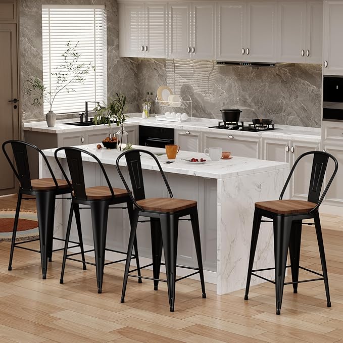 Changjie Furniture 30 Inches Metal Barstools Set of 4 Counter Height Bar Stools Industrial Stools with Backs High Back Chairs for Kitchen Island (30 Inch, Black)