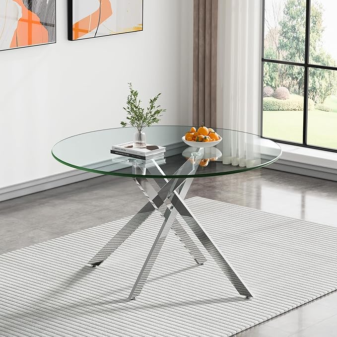 47.24" Round Glass Dining Room Table for 6 with Tempered Glass Top and Silver Metal Legs, Modern Clear Kitchen and Dinner Table for Home Office Dining Room
