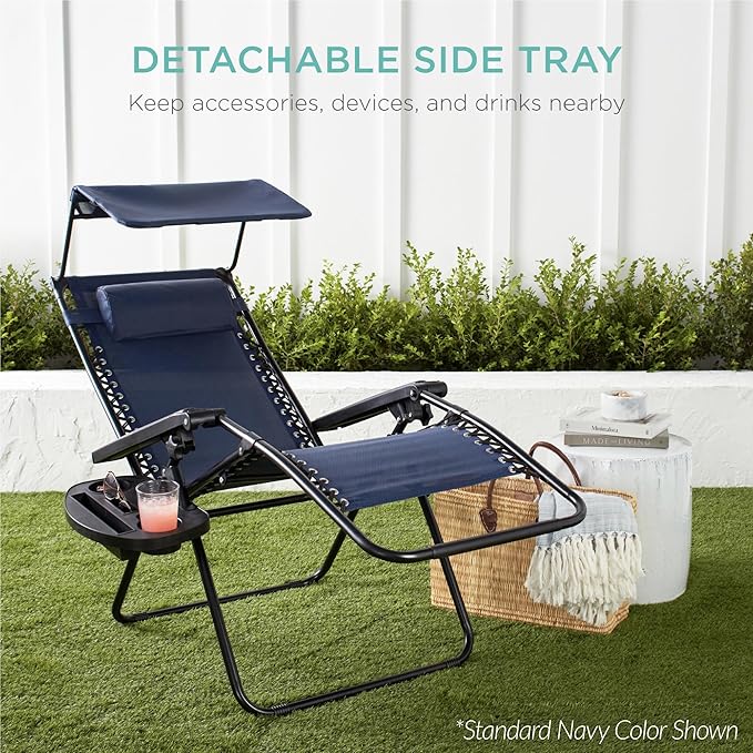 Best Choice Products 30” Wide Folding Zero Gravity Outdoor Recliner Patio Lounge Chair w/Adjustable Canopy Shade, Headrest, Side Accessory Tray - Brown