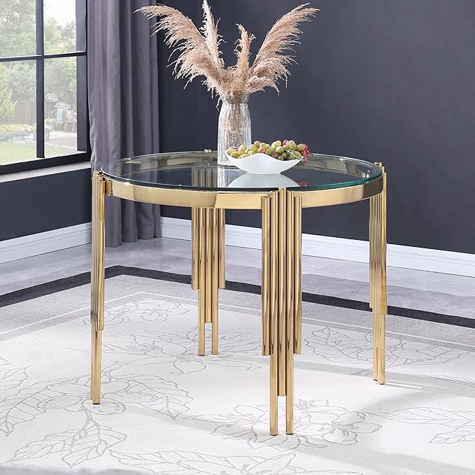 HomVent Modern Round Glass Dining Table, 38.6"L x 38.6"W x 30.00"H, Clear Glass Top with Stainless Steel Gold Legs, 6 Seater