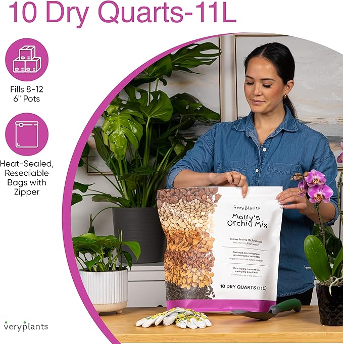 Molly's Orchid Potting Mix - Premium Gritty Soilless Orchid Mix - Chunky High Drainage vs Standard Potting Soil for Indoor Plants - Contains Bark, Coco Chips, Akadama, Pumice, Lava Rock 10 Dry Quarts