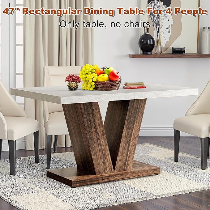 47 Inch Dining Table for 4, Farmhouse Dinner Table Wooden Kitchen Tables with Heavy Duty Pedestal for Dining Room, Kitchen, Living Room, White & Black