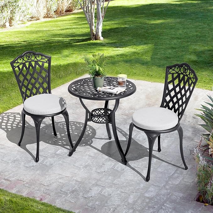 NUU GARDEN 3-Piece Patio Bistro Set Outdoor Cast Aluminum Bistro Table and Chairs Set of 2, Outdoor Patio Bistro Set with Umbrella Hole and Gray Cushions for Patio Balcony, Black
