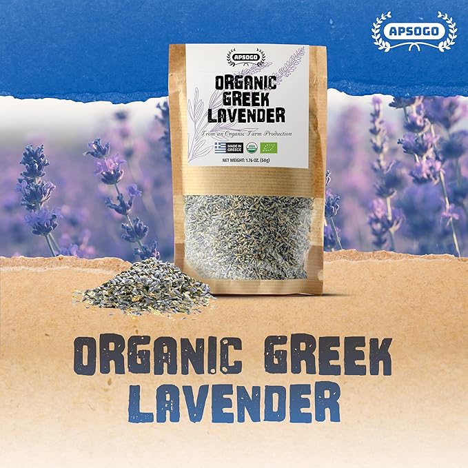 Apsogo Organic Greek Lavender – Premium Dried Flowers (1.76 oz), Organic Herbal Lavender Tea & Culinary Use, Whole Buds in Resealable Pouch