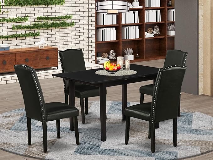 East West Furniture NOEN5-BLK-69 5 Piece Kitchen Table & Chairs Set Includes a Rectangle Butterfly Leaf Dining Table and 4 Black Faux Leather Parsons Chairs, 32x54 Inch, Black