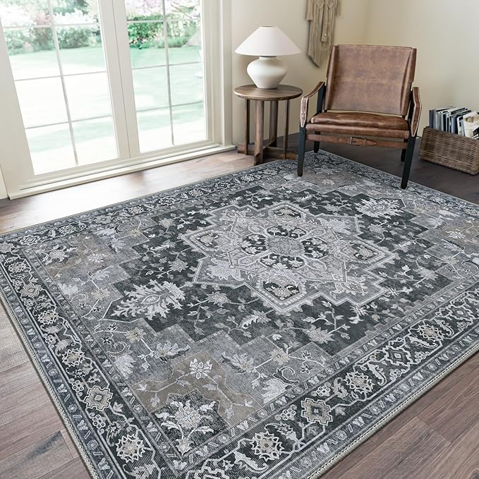 GENIMO 5x7 Area Rugs for Living Room, Machine Washable Non Slip Vintage Rugs, Low Pile Lightweight Chenille Print Rug for Bedroom, Dining Room, Home Office,Dark Gray