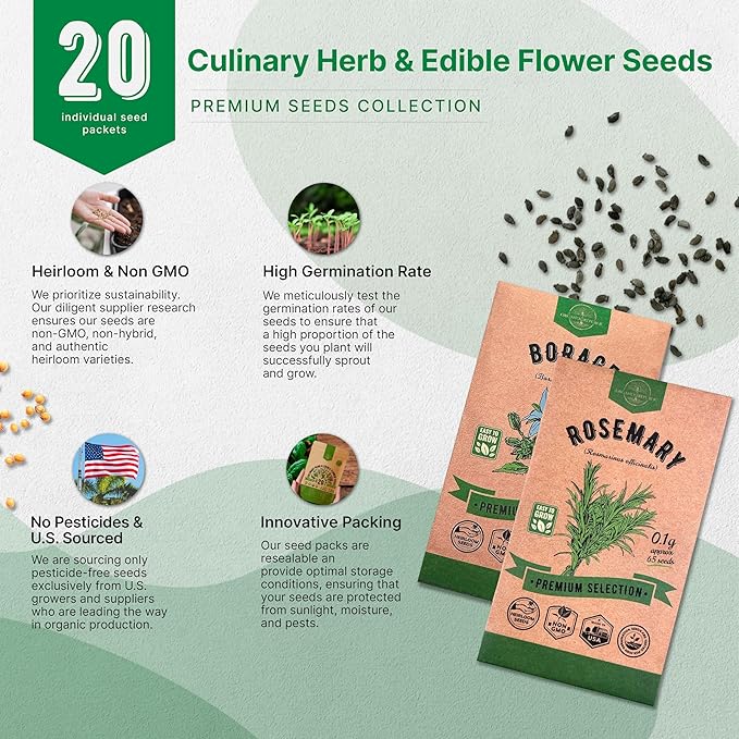 20 Culinary Herbs & Edible Flower Seed Variety Pack for Planting Indoor & Outdoors. 9500+ Non-GMO Heirloom Flower Seeds: Basil, Borage, Echinacea, Lavender, Oregano, Rosemary Seeds & More