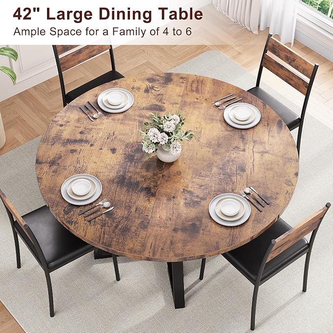 Round Dining Table for 4,Kitchen Dining Room Circle Dinner Pedestal Table,Space Saving Wood Kitchen & Dining Room Furniture (Vintage, 42In)
