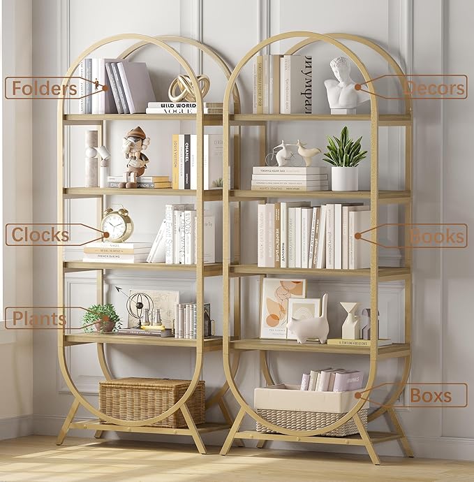 Bookshelf Arched Bookcase, Industrial 5 Tier Open Book Shelves with Metal Frame, 72" Tall Freestanding Display Rack for Home Office, Living Room,Nature Wood and Gold