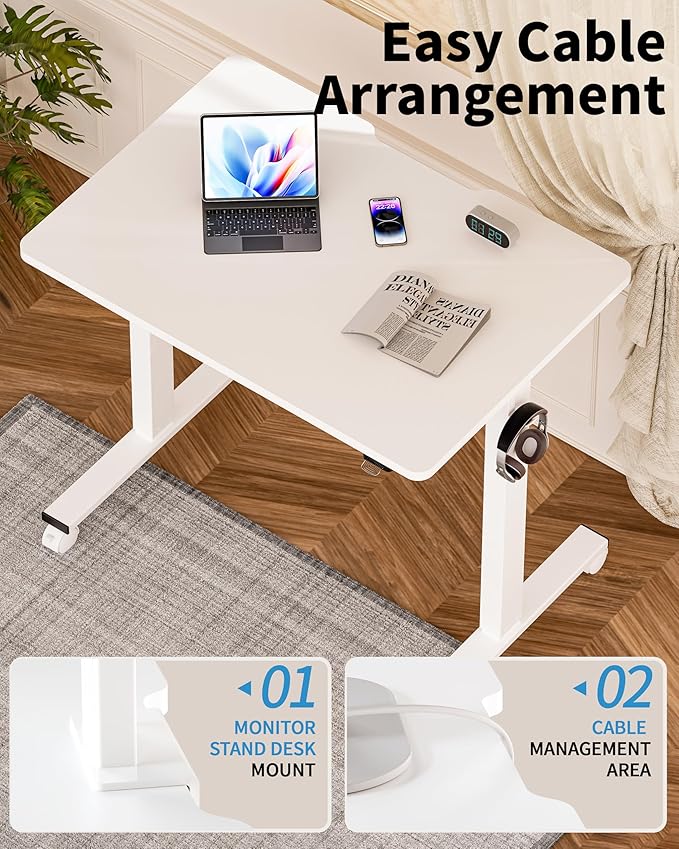 Okin Small Electric Standing Desk, 36" x 24" Whole Piece Height Adjustable Desk, White Sit to Stand Computer Workstation with Wheels for Home Office