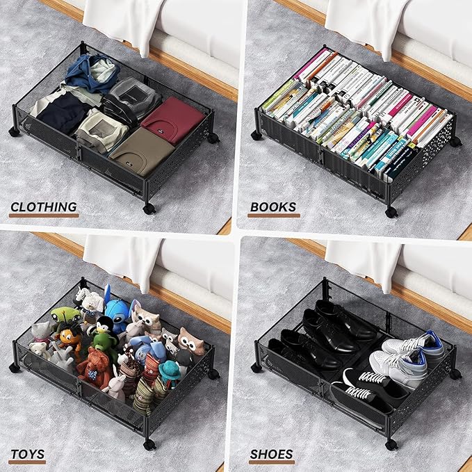 Under Bed Storage, Under the Bed Storage Containers with Wheels, Under Bed Shoe Storage Organizer Drawer for Bedroom Clothes Shoes Blankets -4Pack