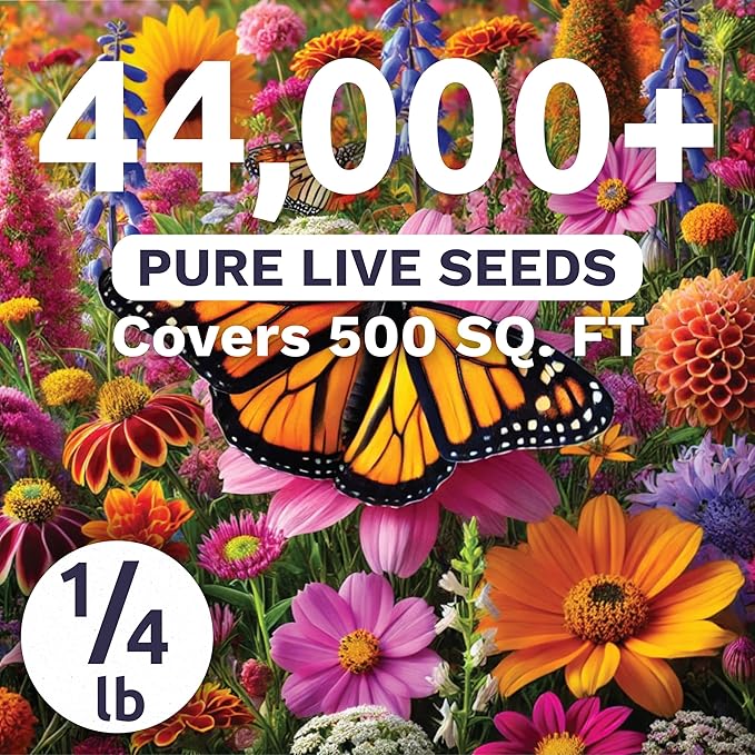 Monarch Butterfly Rescue Mix - Bulk 1/4 Pound Pouch - 44,000 Flower Seeds for Planting - Wildflower Mix