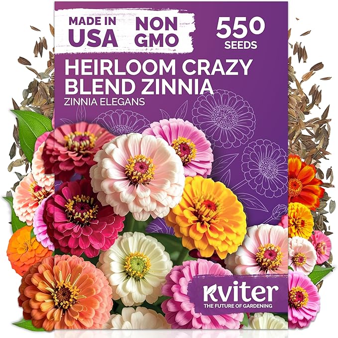 KVITER 550 Crazy Blend Zinnia Seeds for 2025 (Zinnia Elegans) – Double Zinnia Seed Mix, Heirloom Pollinator Magnet – Ideal Flower Seeds for Planting in Cutting Garden, Borders, Containers