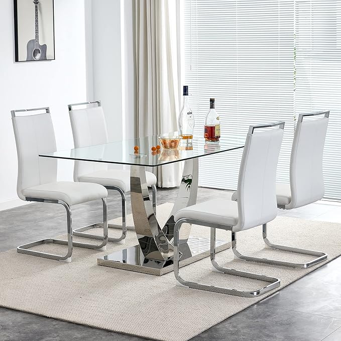 Modern Rectangular Glass Dining Table for 6-8 with Tempered Glass Tabletop and Silver Chrome Metal U-Shaped Pedestal for Kitchen Dining Living Meeting Room Banquet Hall (Silver7)
